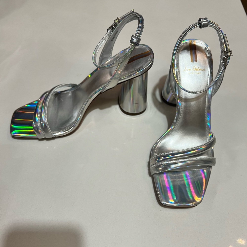 Sam Edelman Womens Kia Block Heel Sandal in Liquid Soft Silver, Size 6.5